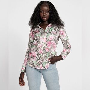 Guess Women’s Vianca Printed Satin Shirt Button Down Leopard Animal Floral Work